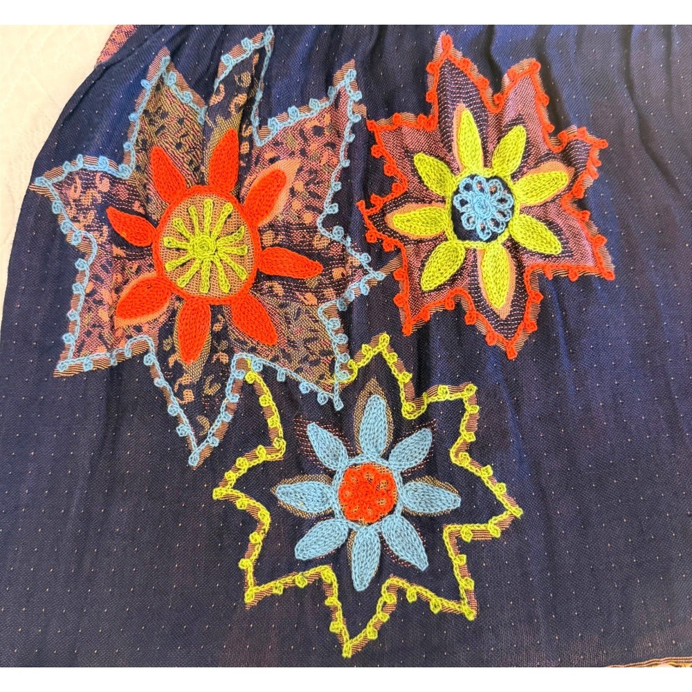 Rising Tide Reversible Scarf Terracotta Navy Blue Floral Embroidered Boho Fringe - Picture 6 of 7